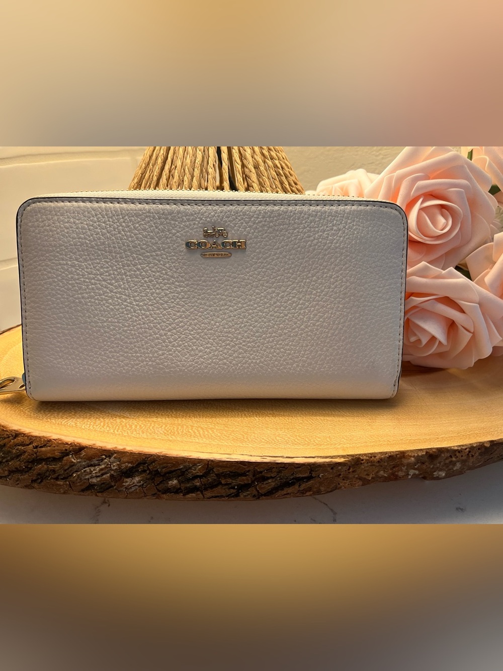 Coach Pebbled Zip Wallet in Light Cream with Gold Logo